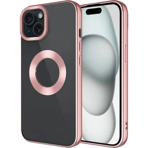 Apple iPhone 15 Plus Kılıf Tek Kamera Çerçeveli Renkli Kenarlı Logo Yeri Açık Şeffaf Silikon Rose Gold