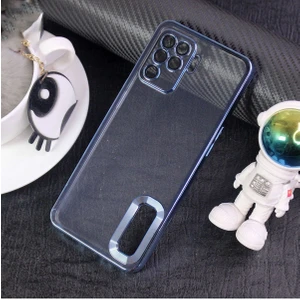 Oppo Reno 5 Lite Kılıf Logo Yeri Açık Kamera Lens Korumalı Renkli Kenarlı Şeffaf Silikon