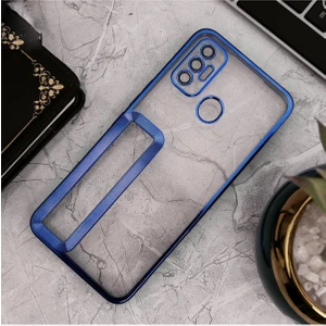 Tecno Spark 7t Kılıf Logo Yeri Açık Kamera Lens Korumalı Renkli Kenarlı Şeffaf Silikon