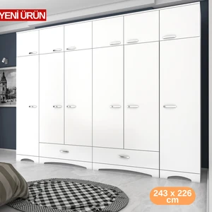 BA133 Geniş Gardırop Elbise Dolabı 12 Kapaklı 2 Çekmeceli 16 Raflı 2 Askılı Beyaz