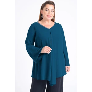 Lilas Xxl Büyük Beden Turkuaz Renkli Şifon Abiye Bluz