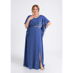 Lilas Xxl Büyük Beden Indigo Renkli Yırtmaçlı Uzun Şifon Abiye Elbise