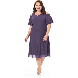 Lilas Xxl Büyük Beden Lila Renkli Omuz Detaylı Şifon Elbise
