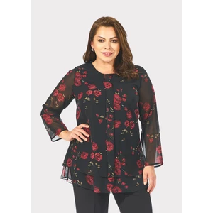 Lilas Xxl Kadın Büyük Beden Kırmızı Renkli Gül Desenli Şifon Bluz