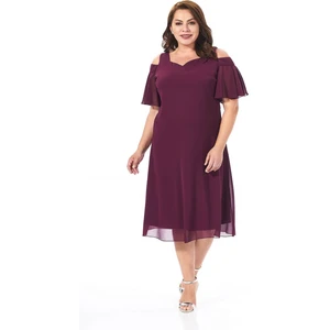 Lilas Xxl Büyük Beden Koyu Mürdüm Renkli Omuz Detaylı Şifon Elbise