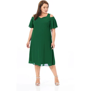 Lilas Xxl Büyük Beden Koyu Yeşil Renkli Omuz Detaylı Şifon Elbise