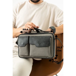 Askılı Vegan Deri ve Kanvas Kumaş Tablet Evrak Unisex Postacı Çantası - Gri ve Antrasit
