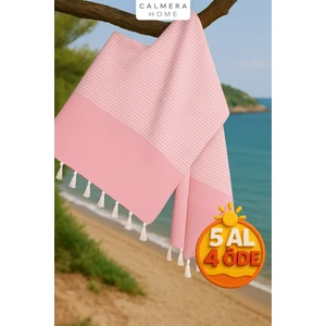 Calmera Home Çizgili Peştemal | Pamuk - Doğal Saçaklı | Plaj, Havuz, Spa, Hamam, Sauna, Spor, Seyahat Havlusu - Pembe
