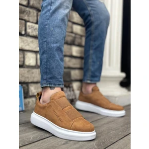 BA0307  Kalın Süet Yüksek Taban Çift Bant Taba Beyaz Erkek Ayakkabı