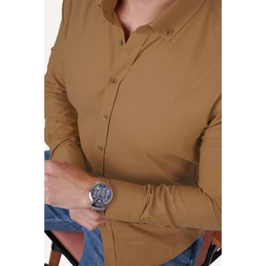Taba Yaka Düğmeli Keten Slimfit Erkek Gömlek