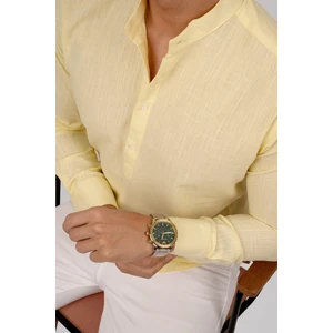 Sarı Hakim Yaka Üç Düğmeli Slimfit Keten Gömlek