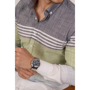 Panolu Gri Yeşil Çizgili Keten Slimfit Erkek Gömlek