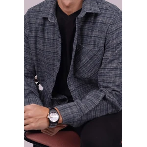 Lacivert Hasır Desenli Oversize Oduncu Erkek Gömlek