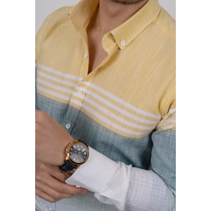 Panolu Sarı Yeşil Çizgili Keten Slimfit Erkek Gömlek