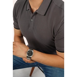 Füme Siyah Yaka Çizgili Erkek Polo Yaka Tişört