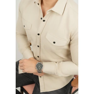 Bej Slimfit Gerçek Kot Erkek Gömlek