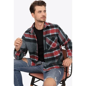Dağ Grisi Kırmızı Çizgili Oversize Oduncu Erkek Gömlek