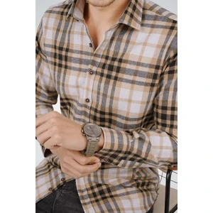 Beyaz Kahve Çizgili Slimfit Oduncu Erkek Gömlek