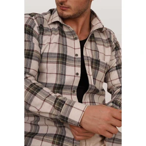 Krem Yeşil Desenli Slimfit Oduncu Erkek Gömlek