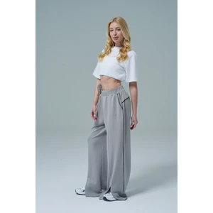 Soft Touch Premium Slit Palazzo Pants - Gri Yüksek Bel Modal Kumaşlı Yırtmaçlı Kadın Palazzo Bol Paça Eşofman Altı