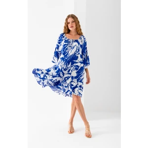 Kadın Mavi Beyaz Geniş Bağcıklı Yaka Eteği Fırfırlı Viskon Dokuma Elbise