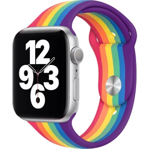 Apple Watch Series SE/11/10/9/8/7/6/5/4/3 46mm-45mm-44mm Uyumlu M/L Silikon Kordon Gökkuşağı