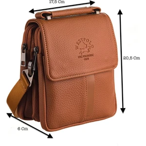 Çok Bölmeli El ve Omuz Askılı Vegan Deri Mıknatıslı Erkek Çantası (Küçük Boy) - Taba