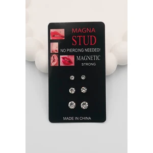 2-4-6 mm Unisex Çelik Küpe Beyaz Zirkon Taşlı 3 Çift Mıknatıslı Manyetik Çelik Küpe