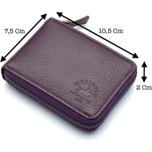 Hakiki Deri Unisex Fermuarlı Cüzdan Kartlık - Mürdüm