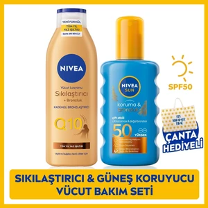 NIVEA SUN Yüksek Güneş Koruyucu Sprey SPF50 200ml, Q10 Bronzlaştırıcı Vücut Losyonu 250ml