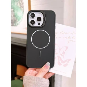 Paladyum Case Apple iPhone 16 Pro Uyumlu Ince Magsafe Çizgili Metal Kamera Çerçeve Standlı Siyah Kılıf