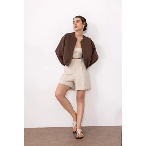 Bej Yüksek Bel Pensli  Kadın Bermuda Şort