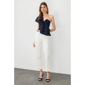 Ekru Yüksek Bel Straight Jean