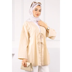 Bej Ön Bağlamalı Kimono