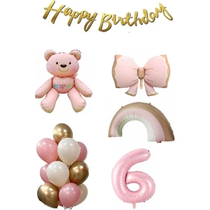 Ayıcık Gökkuşağı Temalı Kız Bebek Konsept Doğum Günü Yaş Seti