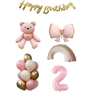 Ayıcık Gökkuşağı Temalı Kız Bebek Konsept Doğum Günü Yaş Seti