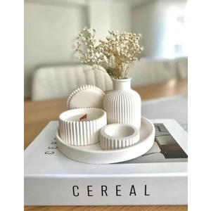Idl-Çizgili Vazo Tabaklı Mumluk Set-Beyaz Beton-Dekoratif Set(Mum Dahil Değildir)