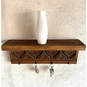 Ahşap Oyma Askılıklı Duvar Rafı