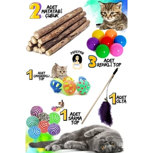 8'li Set: 2 Adet Matatabi Çubuk + Sarma Topu+3'lü Renkli Top+ Kedi Oltası+Çıngıraklı Top
