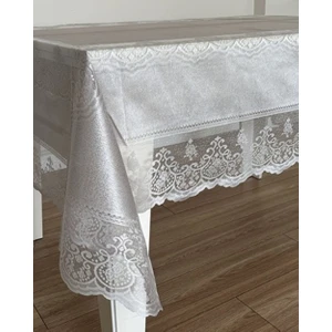 Dertsiz Dantelli Tül Leke Tutmaz Masa Örtüsü 160 x 220  cm ,8 Kişilik,ekru,gri