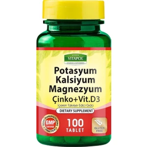 100 Tablet Takviye Edici Gıda - Potasyum, Kalsiyum, Magnezyum, Çinko ve D3 Vitamini İçerir, Türkiye Menşeli