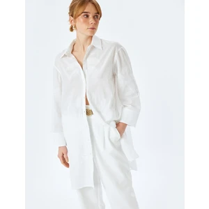 Pamuklu Floral Işleme Detaylı 3/4 Kol Gömlek Yaka Uzun Oversize Tunik