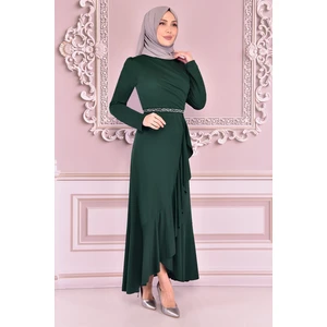 Kadın Giyim Abiye Moda Eteği Volanlı Kemeri Taşlı Tesettür Abiye Elbise 2497
