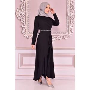 Kadın Giyim Abiye Moda Eteği Volanlı Kemeri Taşlı Tesettür Abiye Elbise 2497