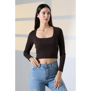 Kare Yaka Penye Kompakt Esnek Kumaş Uzun Kol Bluz 21650 Kahve