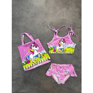 Kızçocuk Unıcorn Baskılı Çantalı Bikini Takımı