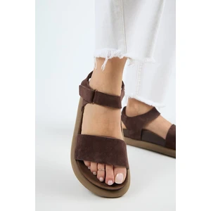 Bronx Kadın Hakiki Deri Atkılı Cırtlı Açık Kahve Sandalet