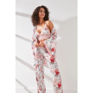Pantolonlu Bralet Sabahlık 3'lü Saten Pijama Takım 9064 Pembe/ekru
