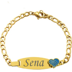 Turkuaz Papatya Detaylı Gold Renk Kişiye Özel Isim Yazılı Çelik Kadın Bileklik