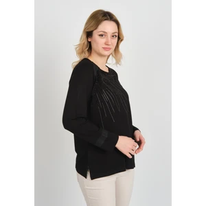 Detay Triko Kadın Taş Işlemeli Bisiklet Yaka Yanları Yırtmaçlı Anne Bluz 5750 Siyah